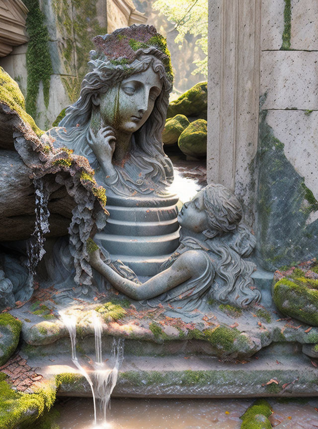 Statue of Woman and Child Embraced by Nature and Ancient Ruins