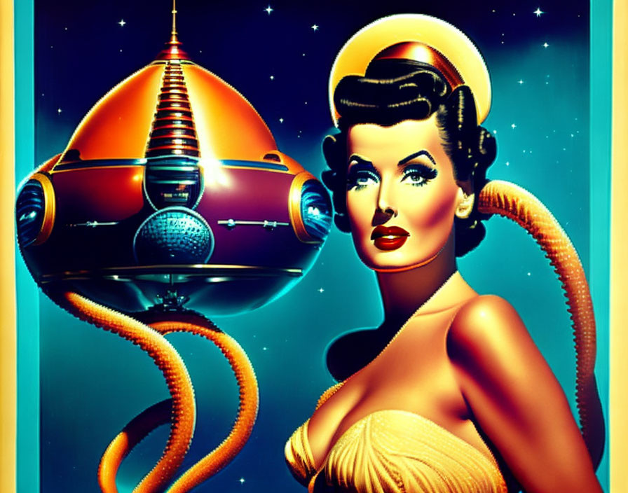 Vintage-style illustration of woman with 1950s hair and makeup next to retro spaceship on starry