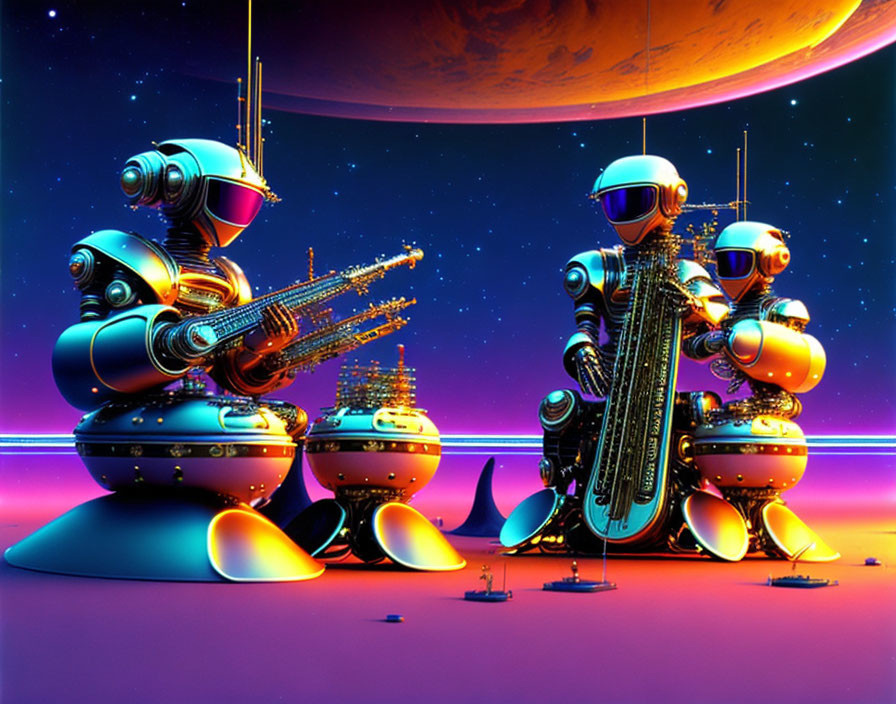 Futuristic robots playing music under purple sky