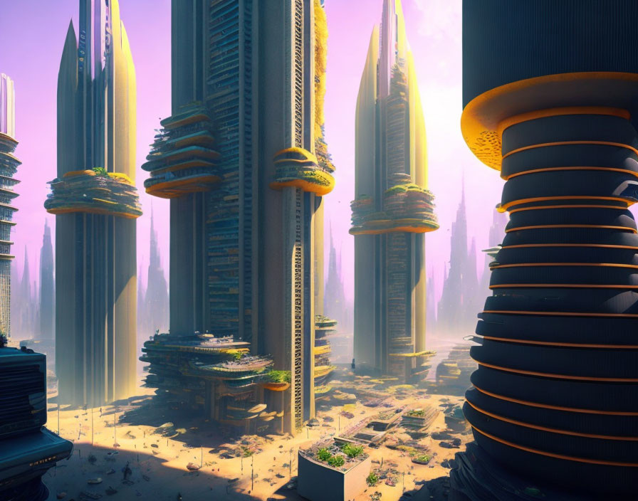 Modern city skyline with spiraling skyscrapers in warm sunlight