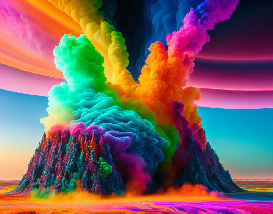 Digitally altered landscape with colorful mountain smoke plumes