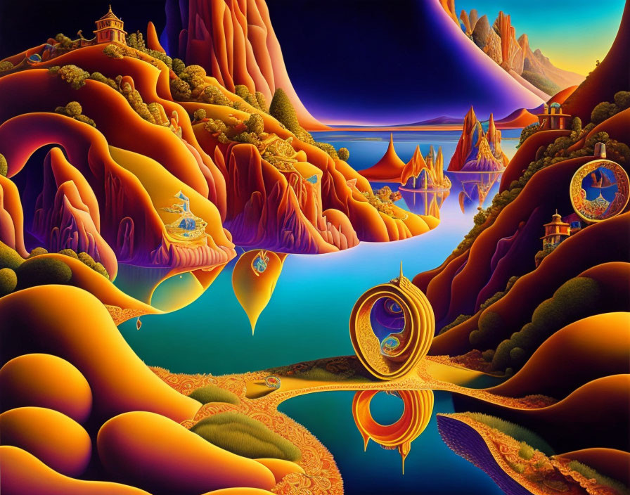 Surreal landscape with golden-orange terrain and fantastical structures