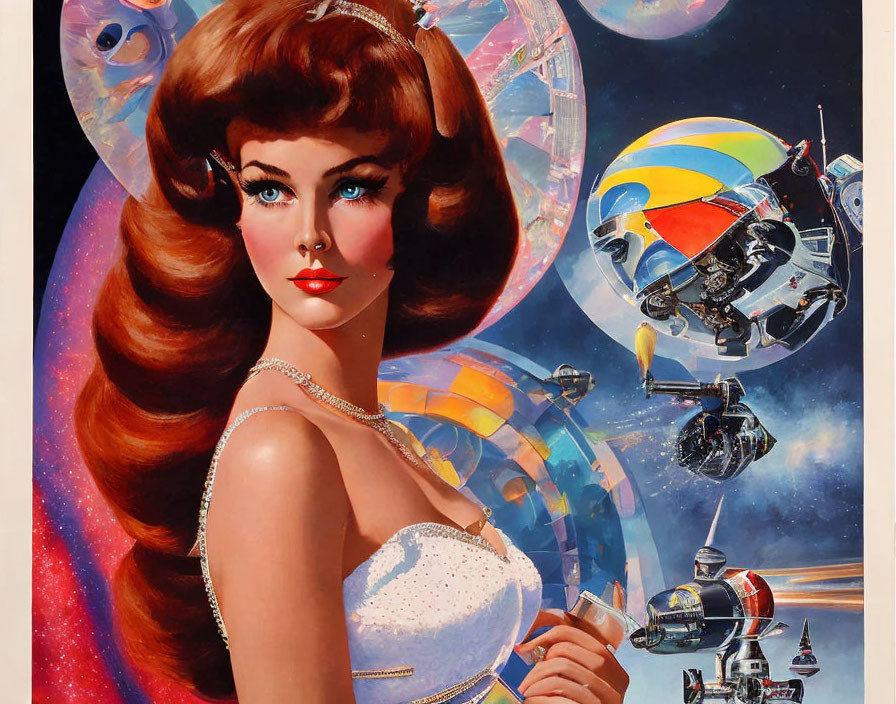 Vintage-style illustration of woman with voluminous hair & futuristic space scene with vibrant spacecrafts & planets.