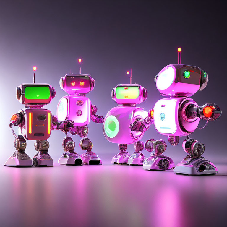 Colorful illuminated robots on purple background: futuristic design