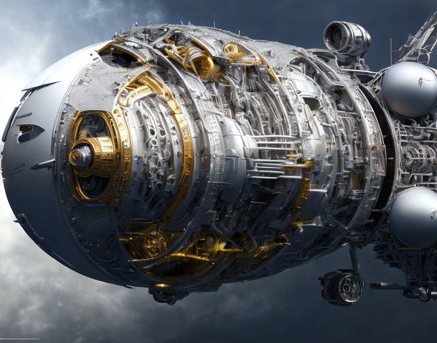 Detailed futuristic spacecraft with golden and silver mechanical components against stormy sky.