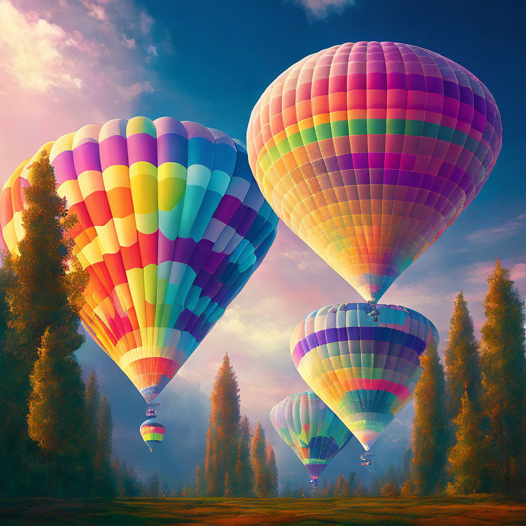 Colorful hot air balloons over misty forest at sunrise or sunset