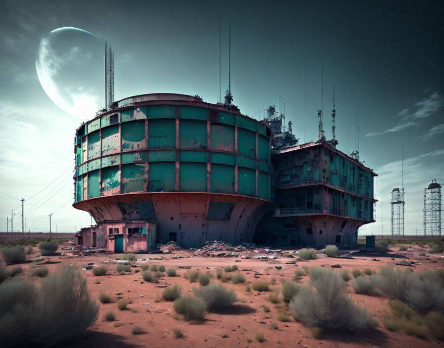 Abandoned futuristic desert building with rust and antennas under moonlit sky