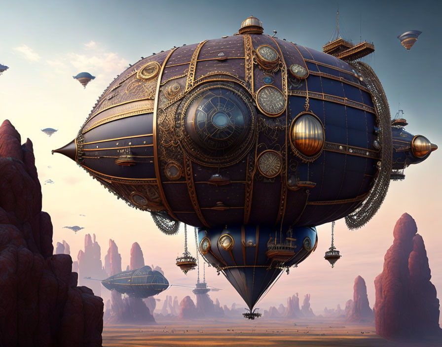 Steampunk airships over desert with rock formations at sunset