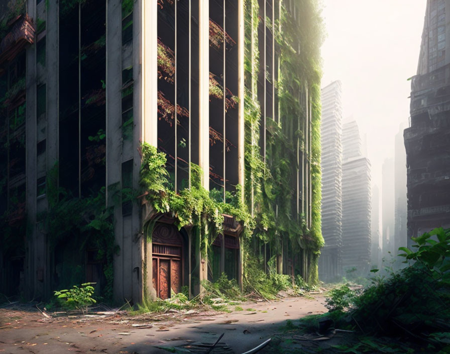 Overgrown Urban Street with Sunlight Filtering Through Trees