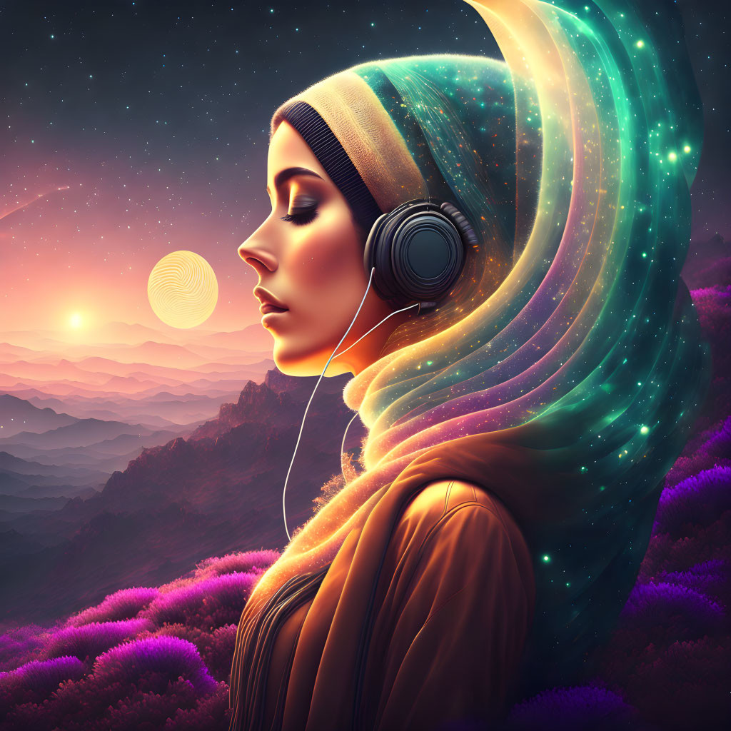 Woman in Headscarf with Cosmic Aurora in Sunset Mountain Landscape