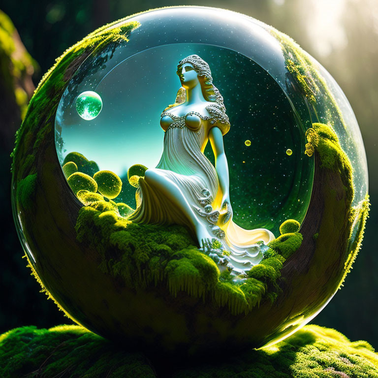 Luminous sphere fantasy scenery with statuesque woman in green hills