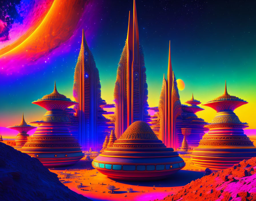 Futuristic sci-fi landscape with alien planet, ringed planet, and neon sky