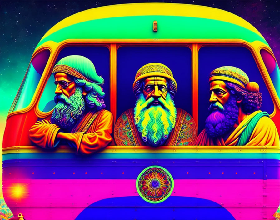 Vibrant psychedelic colors on three wise figures on colorful bus.