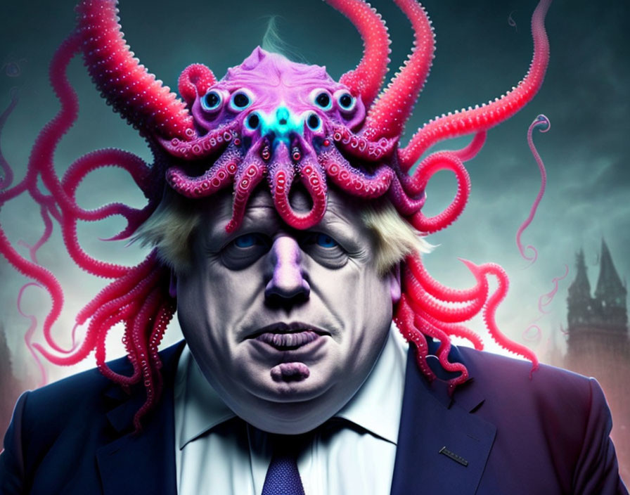 Man in suit with octopus head, multiple eyes, tentacles on purple backdrop