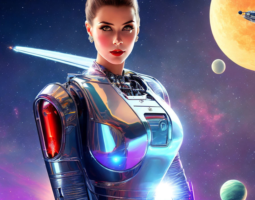 Futuristic female android with metallic body against cosmic backdrop