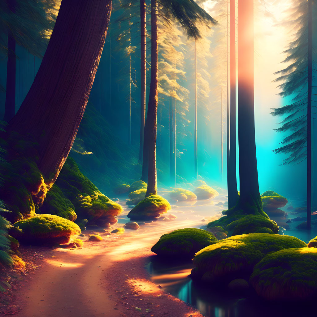 Tranquil forest pathway with sunlight filtering through tall trees