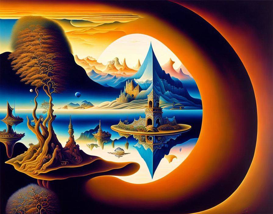 Surreal landscape with floating islands, castle, ships, swirling orange hues, mountains, oversized tree