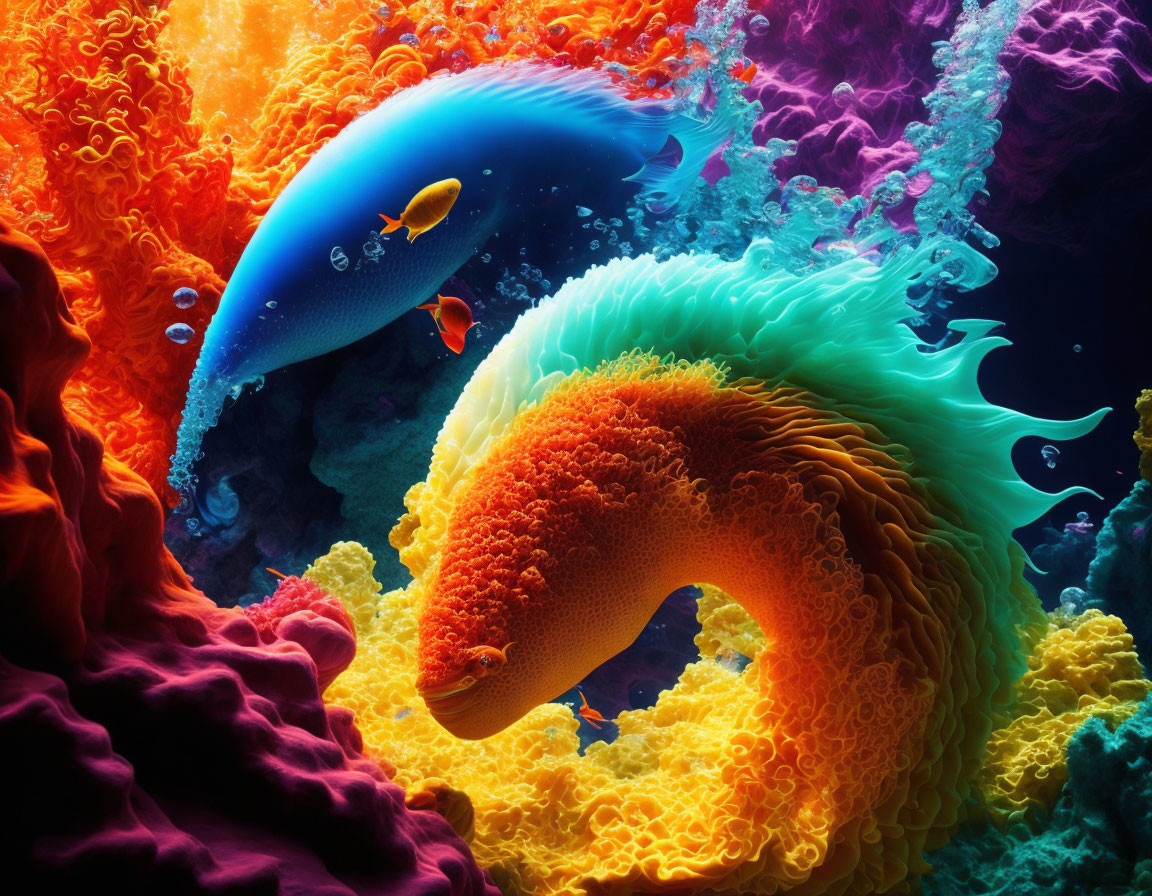 Colorful digital artwork: Fantastical sea creatures in coral-filled underwater scene