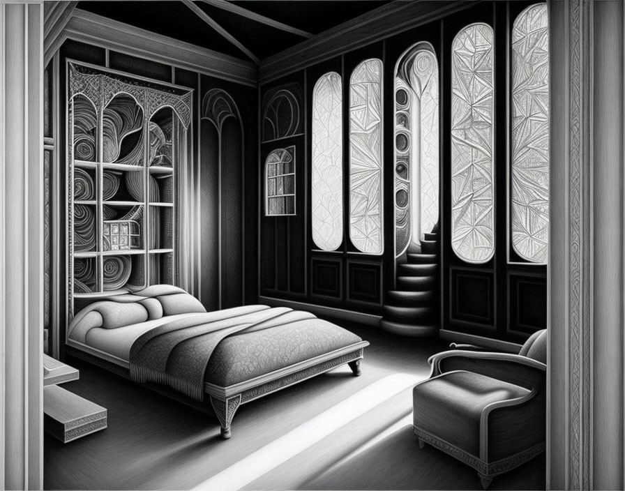 Elegant bedroom with artistic windows, ornate bed, armchair, and patterned walls