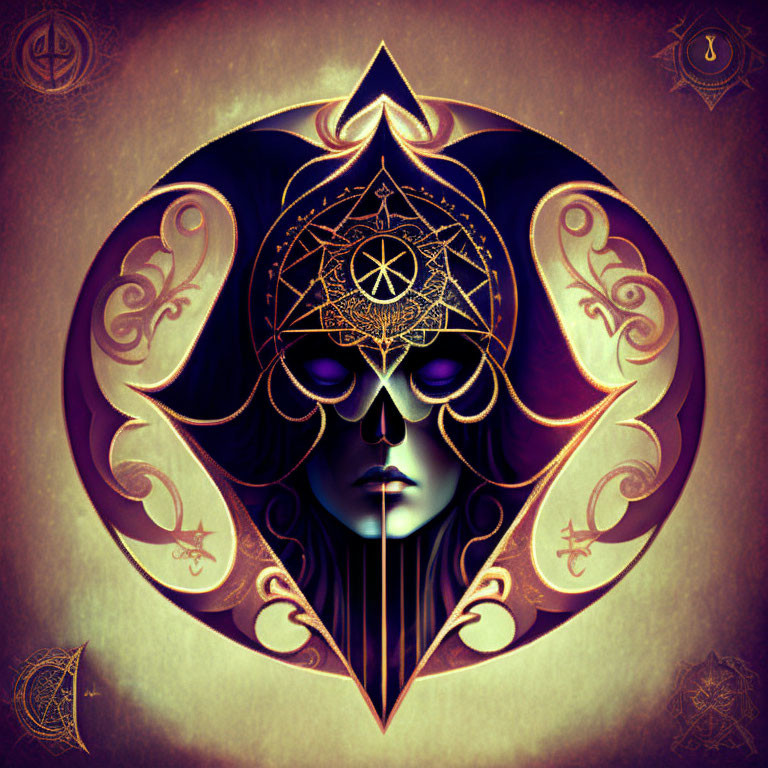 Symmetrical digital artwork with dark figure in mask and golden ornamental patterns