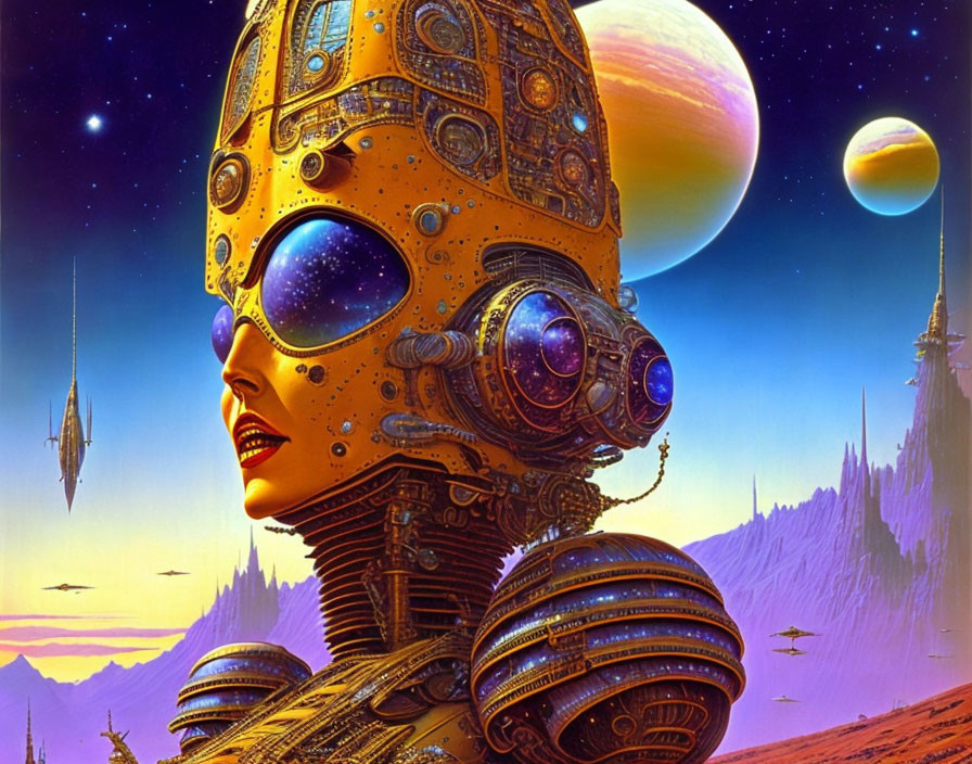 Futuristic robotic female figure with ornate headdress amidst alien planets and spacecraft