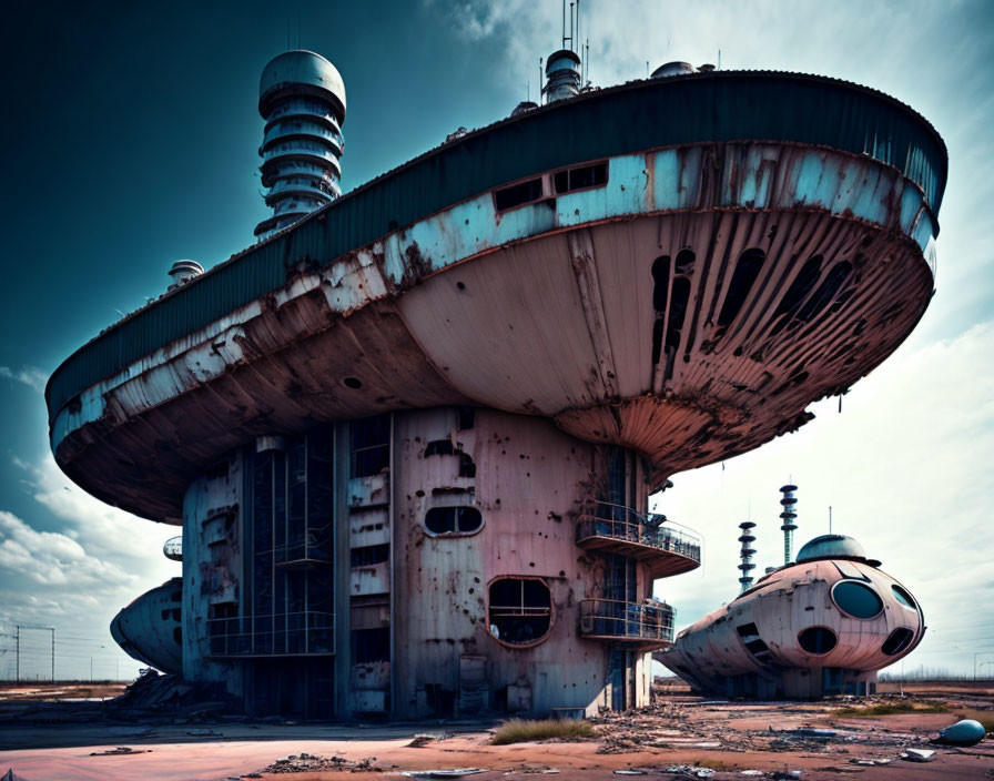 Decaying futuristic spaceship-like building under moody sky