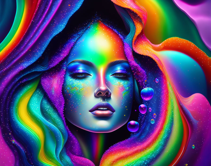 Colorful digital painting of woman with multicolored hair and closed eyes, surrounded by stars and bubbles