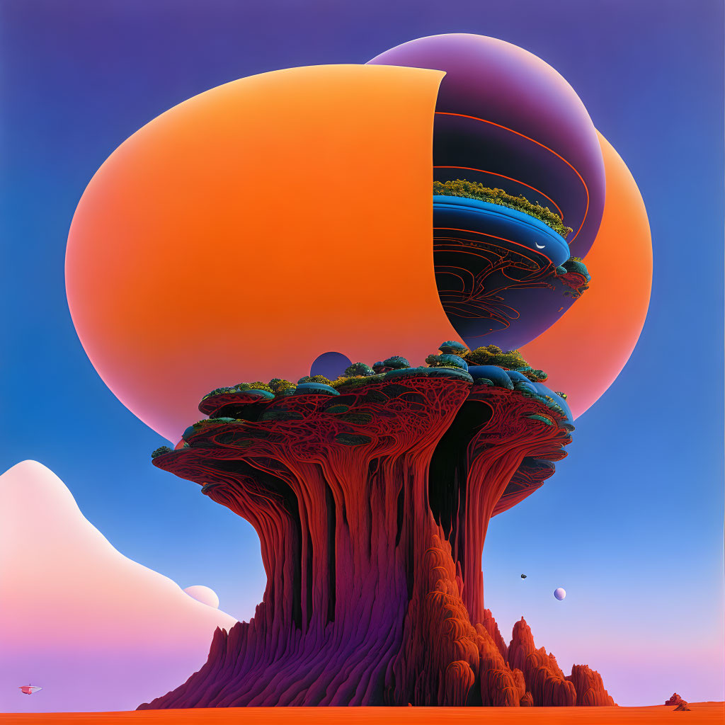 Vibrant surreal landscape with massive tree structures and colorful orbs against blue and orange sky