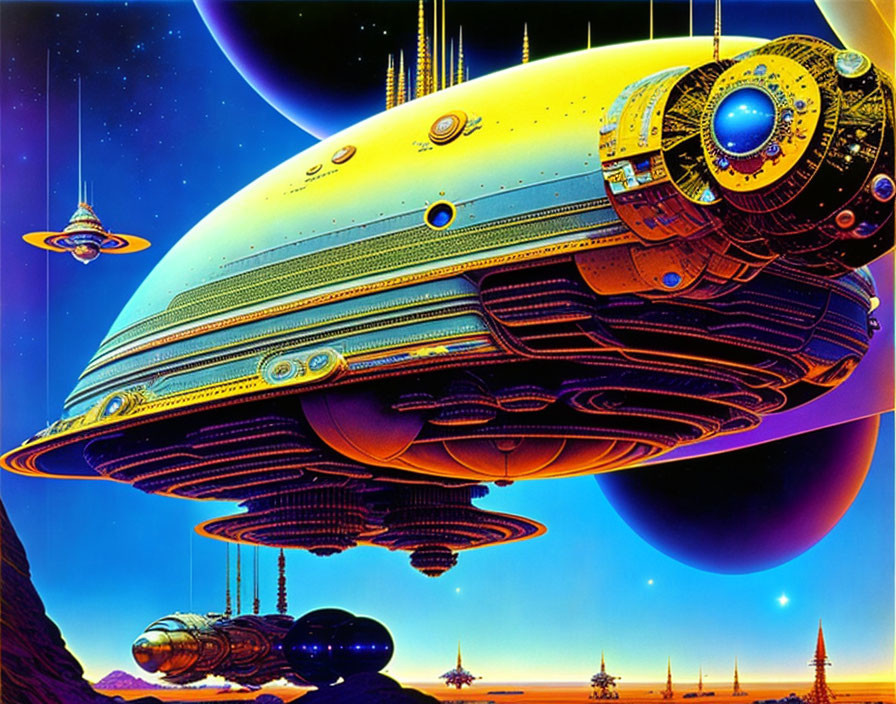 Colorful Sci-Fi Scene: Large Spaceship Surrounded by Smaller Vessels in Starry