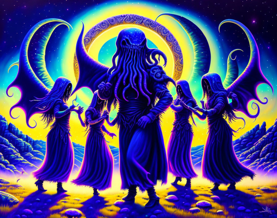 Fantasy illustration of robed figures dancing under crescent moons around a central character in mystical landscape