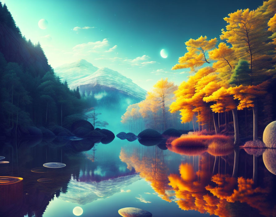 Golden trees, misty mountains, and multiple moons in serene autumnal landscape