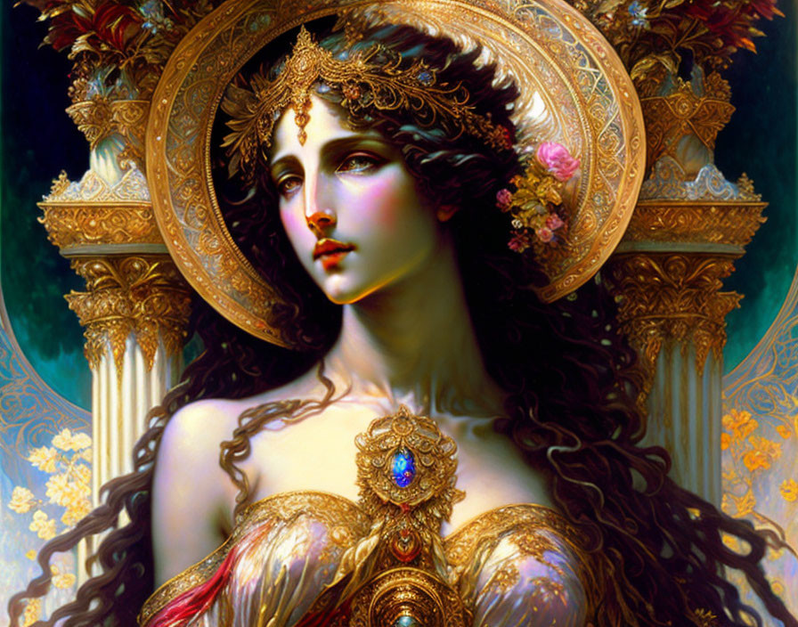 Intricate painting of woman with gold headgear and jeweled chest piece