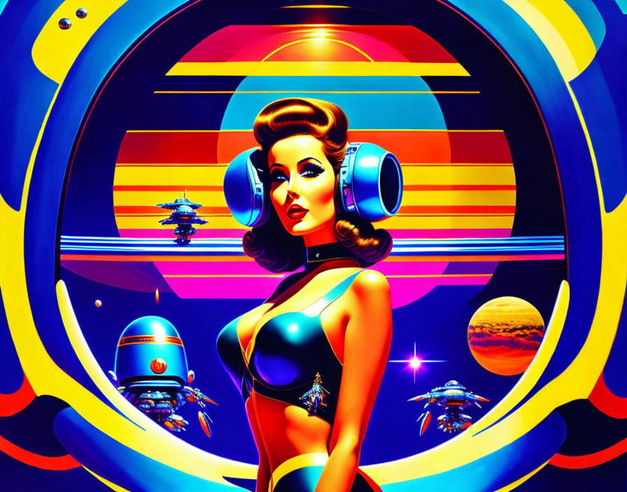 Colorful retro-futuristic artwork of woman in space attire with cosmic backdrop, spaceships, and