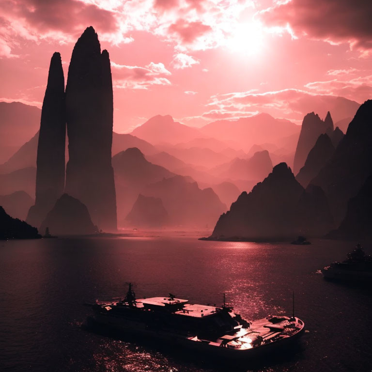 Tranquil bay with red sunset, karst mountains, and ships