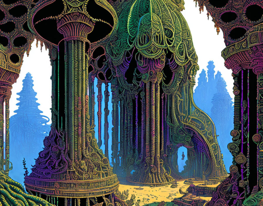 Detailed illustration of vibrant, intricate otherworldly forest scene