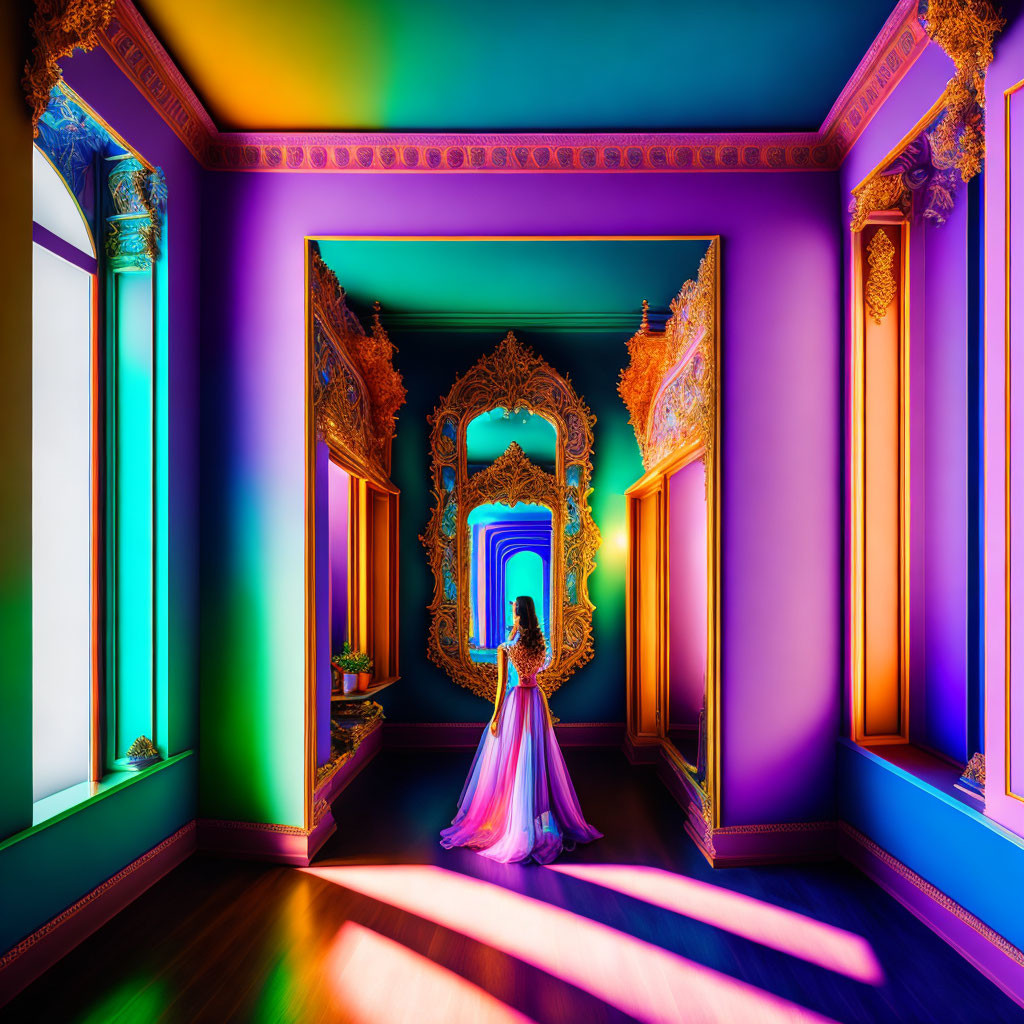 Person in elegant gown in vibrant hallway with gold-trimmed mirrors