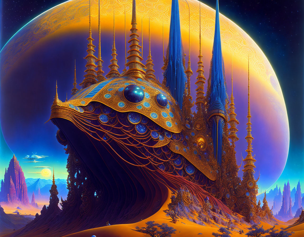 Surreal alien structure in vibrant fantasy landscape