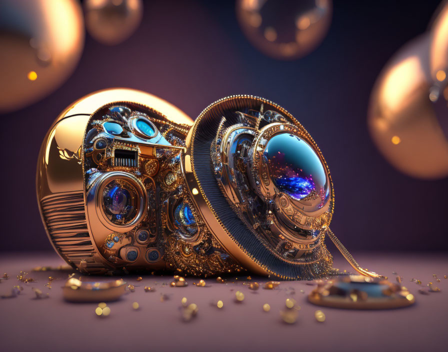 Detailed Golden Mechanical Camera with Gears and Lenses on Purple Background