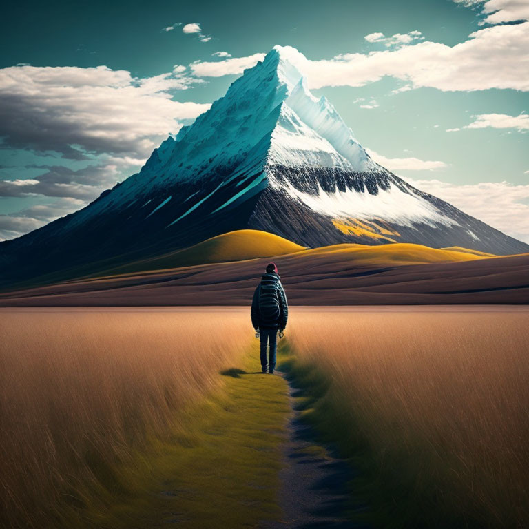 Person on Path Through Golden Fields with Snow-Capped Mountain and Dramatic Sky