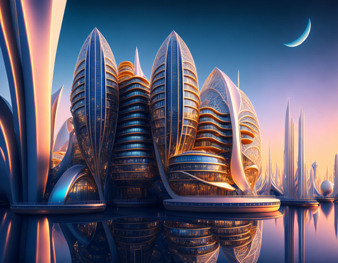 Futuristic cityscape with towering leaf-like structures at twilight