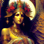 Digital artwork: Woman with angelic wings, ornate headgear, gold jewelry, and intense gaze