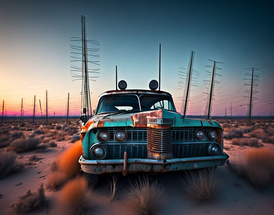 Rusty abandoned car in desert with transmission towers at dusk