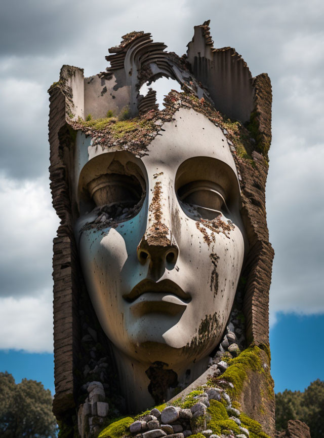 Weathered Face Sculpture with Moss Detail Against Cloudy Sky