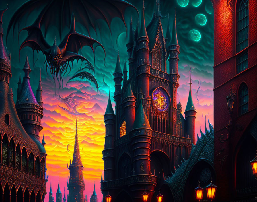 Gothic Castle with Spires and Multiple Moons at Twilight