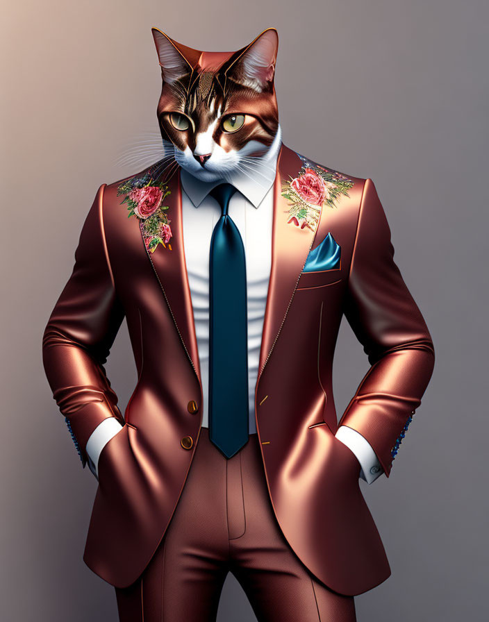 Anthropomorphic cat in dapper brown suit with rose embroidery