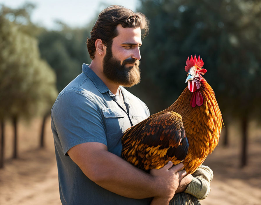 Bearded man holding colorful rooster outdoors