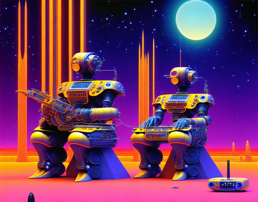 Intricately designed robots on alien landscape with pillars and purple sky