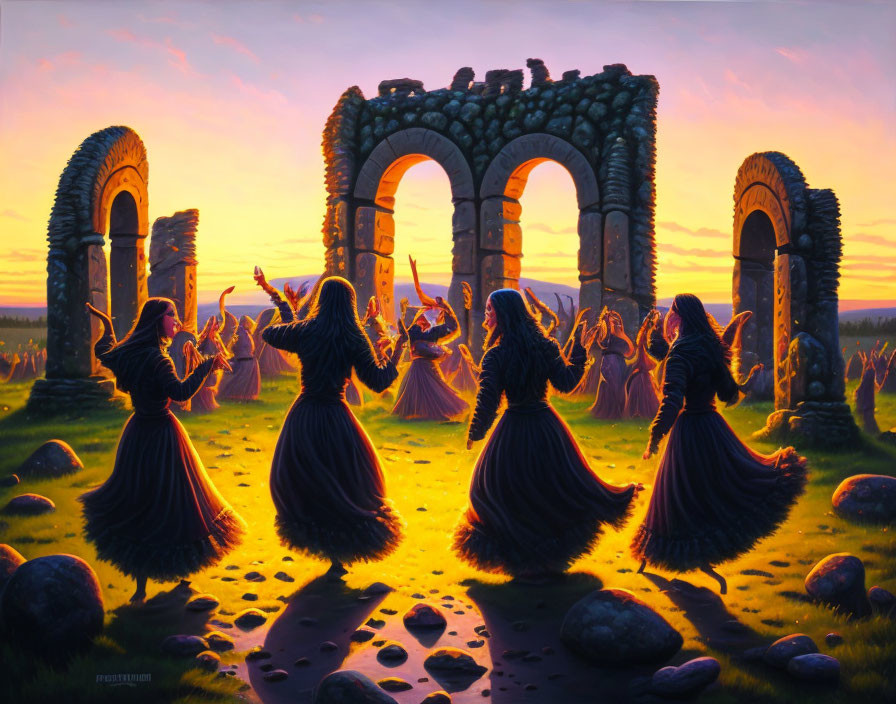 Robed Figures Dancing Near Ancient Stone Arches at Sunset