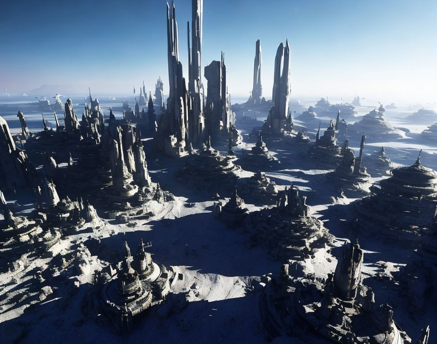 Alien landscape with towering spires and rugged terrain