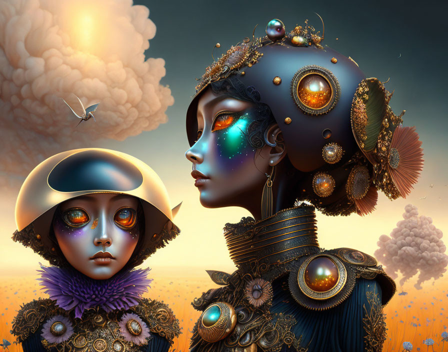 Stylized humanoid figures with cosmic embellishments and dragonfly under twilight sky